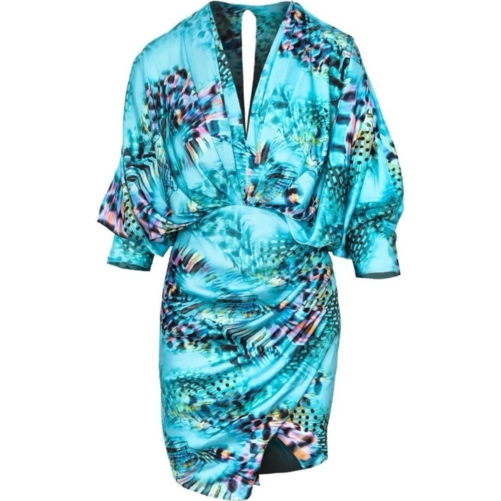 Cosel Moda Kimono Dress Size 36 4 Aqua Abstract Print Satin‎ Mini Boho Chic